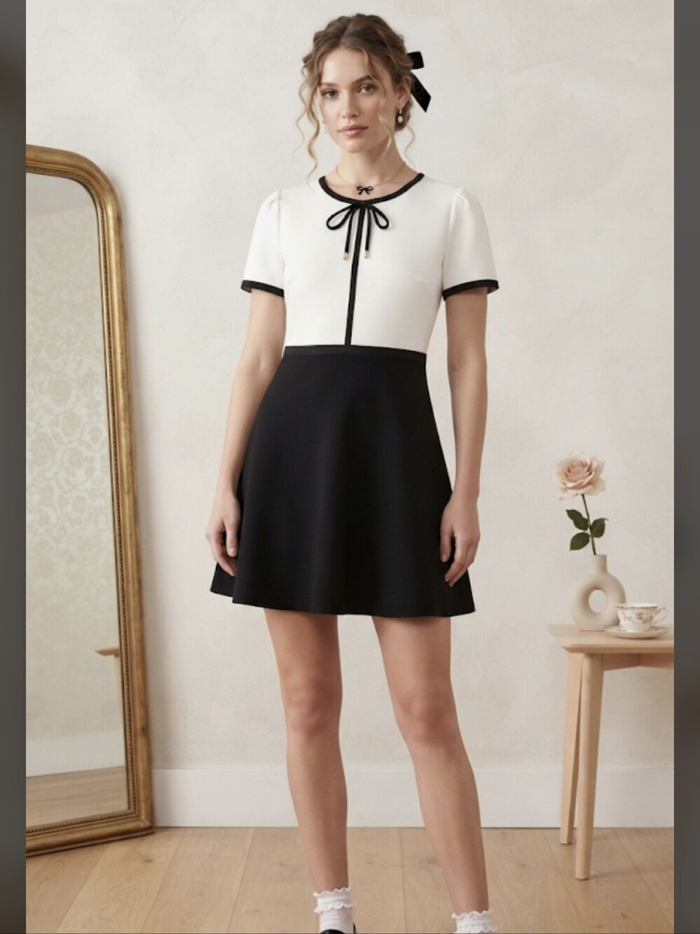 Karl Lagerfeld Paris Black White Colorblock Tie Neck Fit and Flare Coquette Sz 4